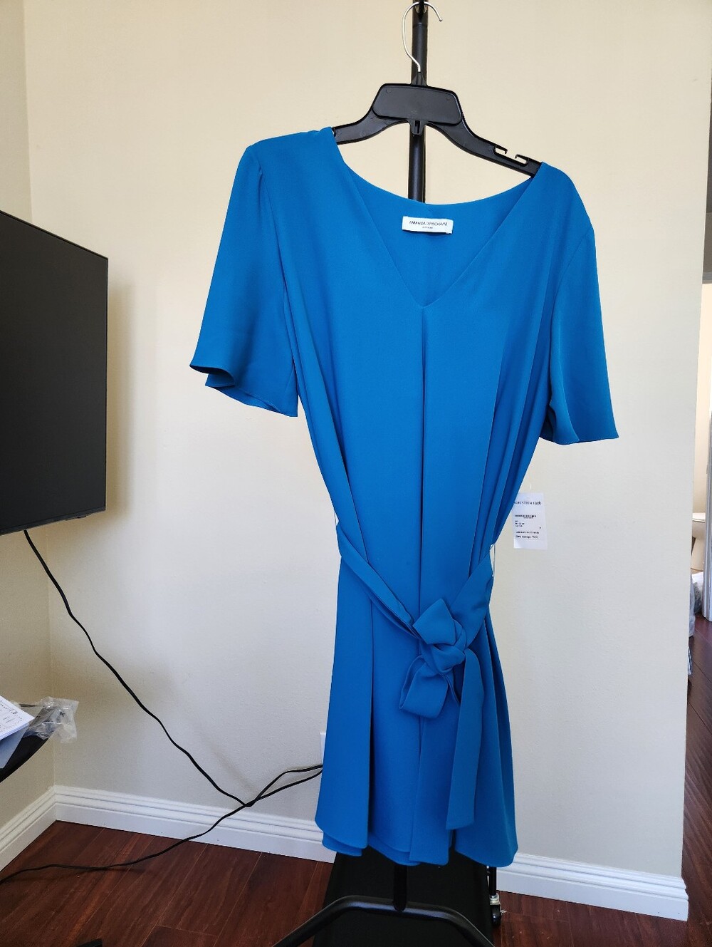 Amanda Uprichard Teal-Blue V-Neck Tie-Waist Mini Dress